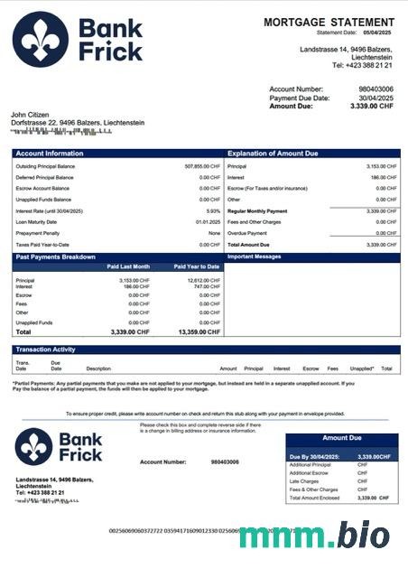 Liechtenstein Bank Frick & Co wyciąg z kredytu hipotecznego szablon Word i PDF